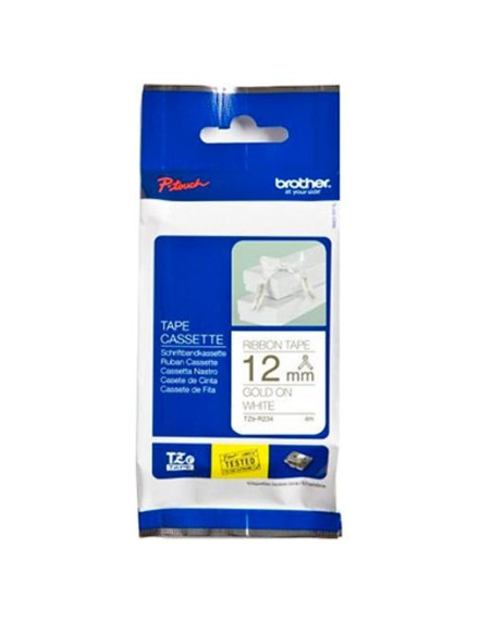 BROTHER CINTA ROTULADORA SATINADA TEXTO DORADO SOBRE TEJIDO BLANCO NO ADHESIVO 12MMX4M