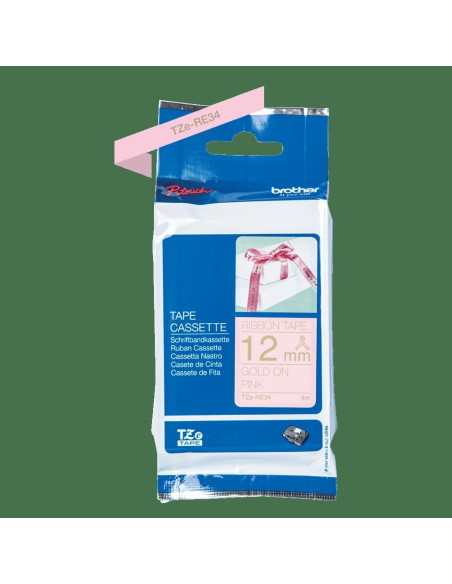 BROTHER CINTA ROTULADORA SATINADA TEXTO DORADO SOBRE TEJIDO ROSA NO ADHESIVO 12MMX4M