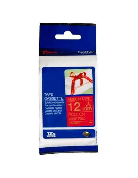 BROTHER CINTA DE TELA SATINADA NO ADHESIVA TEXTO DORADO SOBRE TEJIDO ROJO 12MMX4M