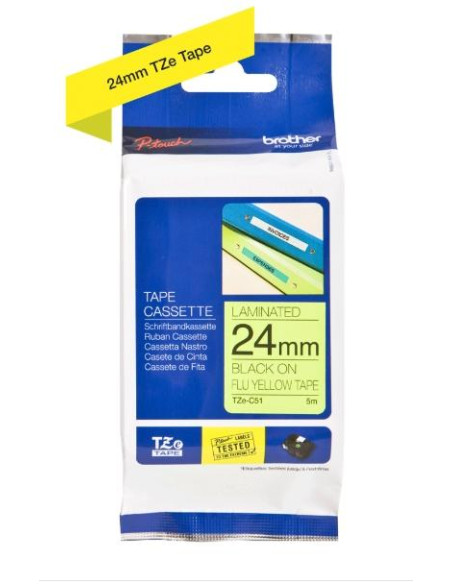 CINTA de ROTULAR BROTHER LAMINADA 5m 24mm NEGRO sobre AMARILLO FLUOR