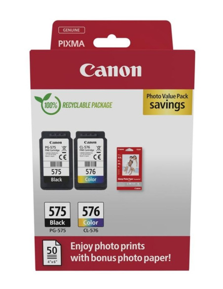CANON TINTA ECOPACK BK C  M  Y  50H PAPEL FOTOGRÁFICO 10X15 PARA PIXMA TR 4750I4751I4755I - TS 3550I3551I - PG 575  CL 576