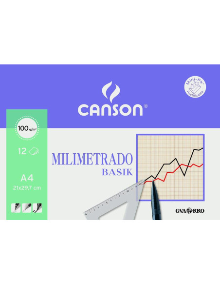 CANSON MINIPACK DIBUJO BASIK 12 HOJAS MILIMETRADO 100 GR 21X297CM UNITARIO