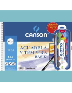 CANSON BLOC ACUARELA Y TÉMPERA BASIK ESPIRAL 10 HOJAS  12 ACUERLAS MINI  PINCEL GRATIS 370GR 23X325CM UNITARIO