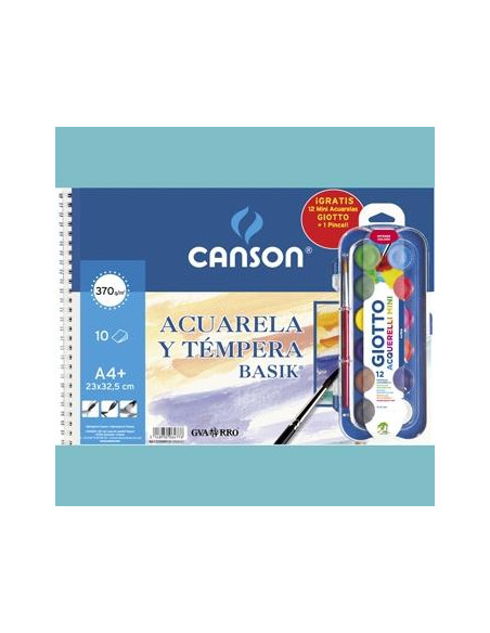 CANSON BLOC ACUARELA Y TÉMPERA BASIK ESPIRAL 10 HOJAS  12 ACUERLAS MINI  PINCEL GRATIS 370GR 23X325CM UNITARIO