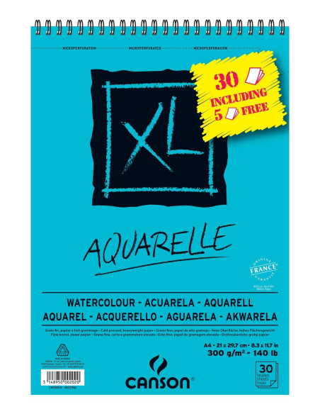 CANSON BLOC ACUARELA AQUARELLE FINO XL ESPIRAL 25  5GRATIS HOJAS 300GR 21X297CM -