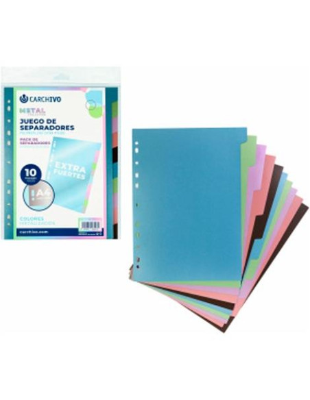 CARCHIVO SEPARADORES 10 POSICIONES A4 PP EXTRA FUERTE COLORES METAL