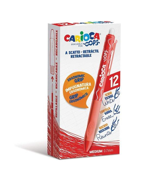 CARIOCA BOLÍGRAFO TINTA BORRABLE OOPS RETRÁCTIL 07MM MONOCOLOR ROJO CAJA 12 UD