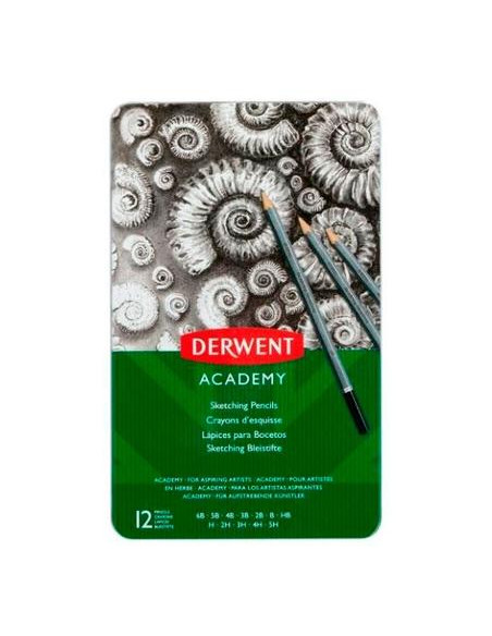 DERWENT ACADEMY LÁPICES DE GRAFITO PARA SKETCHING 5H A 6B EN CAJA METÁLICA DE 12UD