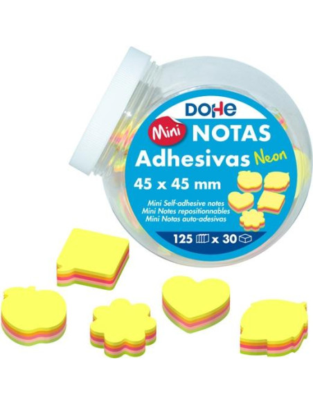 DOHE MINI NOTAS ADHESIVAS 45X45MM 125H DIVERSAS FORMAS COLORES SURTIDOS NEÓN EXPOSITOR 30 UD