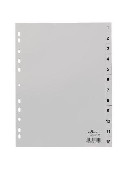 DURABLE ÍNDICES PP CON PESTAÑAS IMPRESAS DIVISIÓN NUMÉRICA 1-12 VERTICAL A4 GRIS