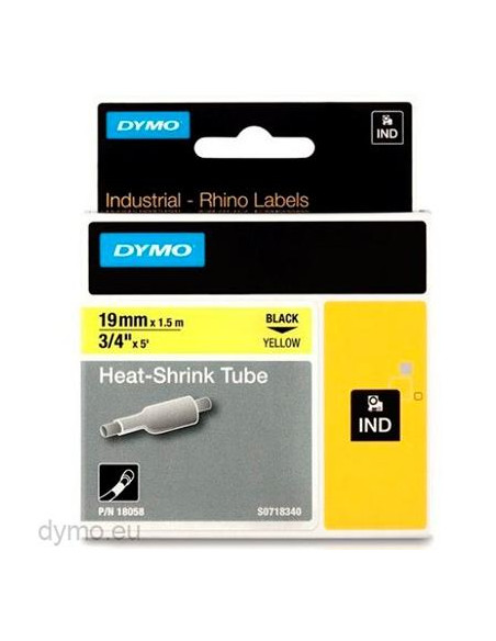 CINTA de ROTULAR DYMO RHINO ID1 TERMO RETRACTIL 15m 19mm NEGRO sobre AMARILLO 18058
