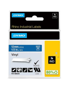 CINTA de ROTULAR DYMO RHINO ID1 VINILO 55m 12mm BLANCO sobre AZUL 1805243
