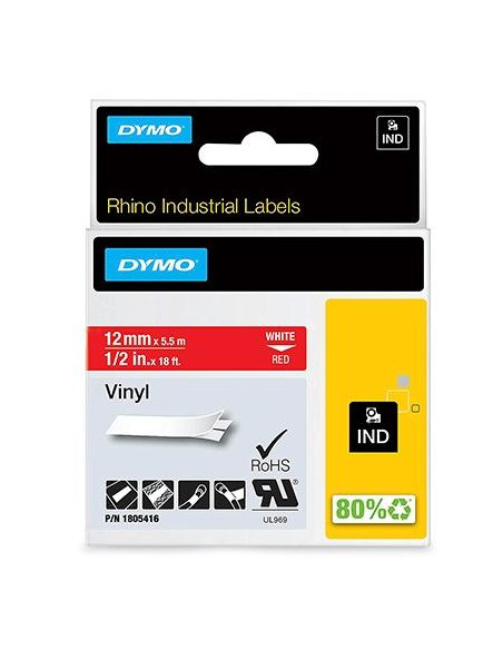 CINTA de ROTULAR DYMO RHINO ID1 VINILO 55m 12mm BLANCO sobre ROJO 1805416