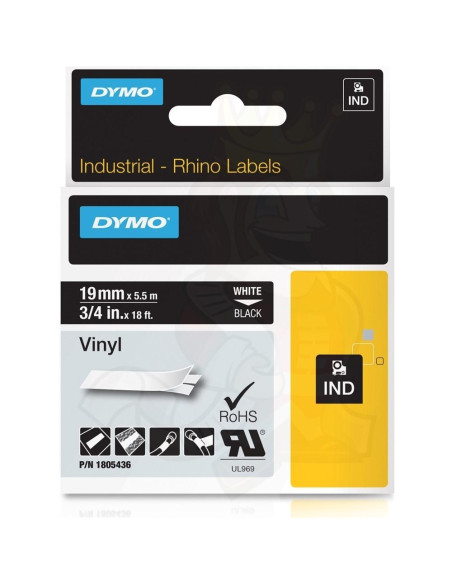 CINTA de ROTULAR DYMO RHINO ID1 VINILO 55m 19mm BLANCO sobre NEGRO 1805436