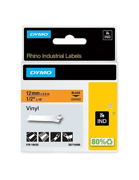 CINTA de ROTULAR DYMO RHINO ID1 VINILO 55m 12mm NEGRO sobre NARANJA 18435