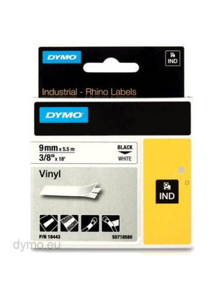 CINTA de ROTULAR DYMO RHINO ID1 VINILO 55m  9mm NEGRO sobre BLANCO 18443