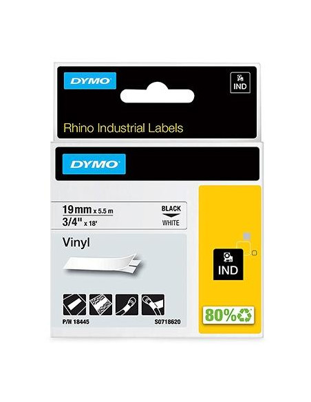 CINTA de ROTULAR DYMO RHINO ID1 VINILO 55m 19mm NEGRO sobre BLANCO 18445