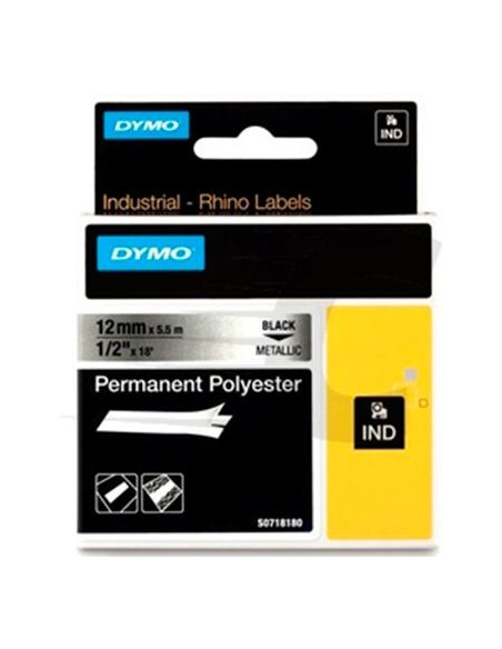 DYMO RHINO CINTA DE ETIQUETAS INDUSTRIAL ADHESIVA ID1-12 NEGRO SOBRE PLATEADO DE 12MMX5´5M POLIESTER S0718180