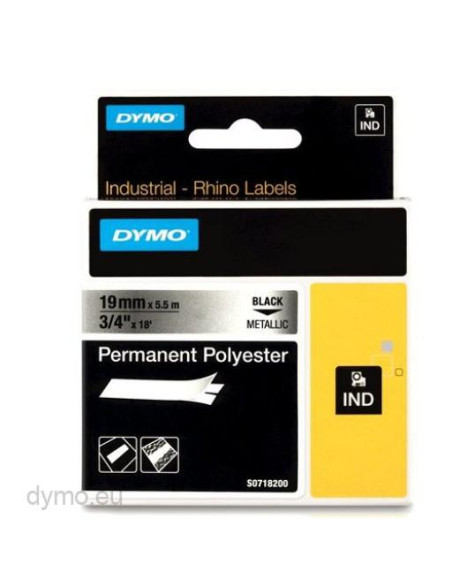 DYMO RHINO CINTA DE ETIQUETAS INDUSTRIAL ADHESIVA ID1-19 NEGRO SOBRE GRIS METÁLICO PLATA DE 19MMX5´5 M POLYESTER S0718200