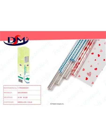 DM PAPEL REGALO ROLLO 1X2M TRANSPARENTE DECORADO