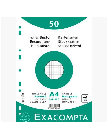 EXACOMPTA FICHAS CARTULINA BRISTOL TALADRO A4 CUADRÍCULA 5X5 PACK DE 50 BLANCO
