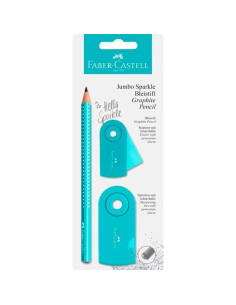 FABER CASTELL LÁPIZ DE GRAFITO JUMBO SPARKLE  GOMA DE BORRAR  AFILALÁPICES TURQUESA BLÍSTER