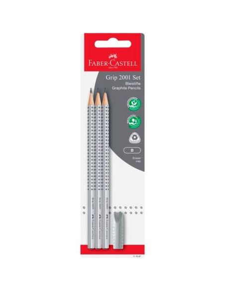 FABER CASTELL SET DE LÁPICES DE GRAFITO GRIP 2001 B  GOMA CAPUCHÓN EN BLISTER DE 4 PIEZAS