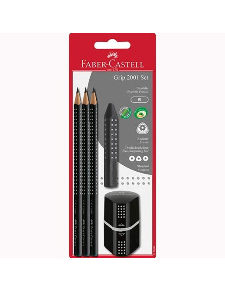 FABER CASTELL SET 2001 GRIP 3 LÁPICES DE GRAFITO  GOMA  SACAPUNTAS NEGRO EN BLISTER