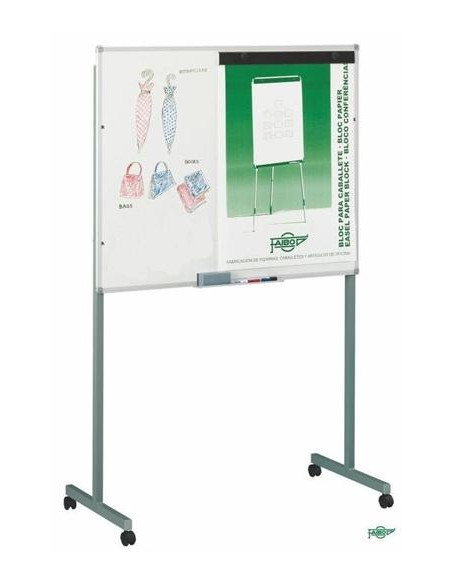 FAIBO PIZARRA BLANCA ESTRATIFICADA BLANCA CON PINZAS PARA BLOCS Y SOPORTE METÁLICO CON RUEDAS CON CAJETIN 122X150CM