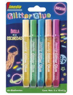 IMEDIO ADHESIVO GLITTER GLUE BRILLA EN LA OSCURIDAD TUBO 10ML BLÍSTER 5 CSURTIDOS