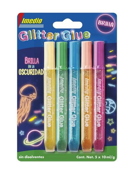 IMEDIO ADHESIVO GLITTER GLUE BRILLA EN LA OSCURIDAD TUBO 10ML BLÍSTER 5 CSURTIDOS