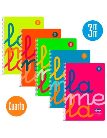 LAMELA CUADERNO ESPIRAL 80H 4 90GR CUADROVÍA 3MM CMARGEN CUBIERTA PP CSURTIDOS FLUORESCENTES