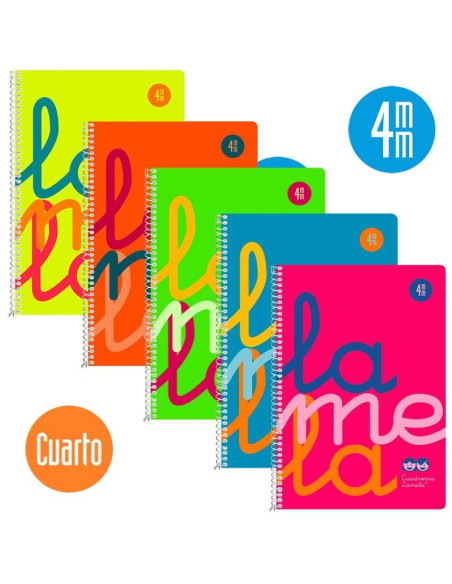 LAMELA CUADERNO ESPIRAL 80H 4 90GR CUADROVÍA 4MM CMARGEN CUBIERTA PP CSURTIDOS FLUORESCENTE