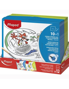 MAPED 10 PAPELES PARA PINTAR CON PASTILLAS DE PINTURA  PINCEL COLORES SURTIDOS