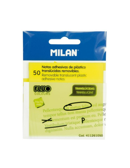 MILAN BLOC NOTAS ADHESIVAS REMOVIBLES 50H 76X76 PLÁSTICO TRANSLÚCIDAS AMARILLO FLUORESCENTE