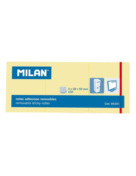 MILAN BLOC NOTAS ADHESIVAS REMOVIBLES 100H 38X50 AMARILLO CLARO PACK 3 UD