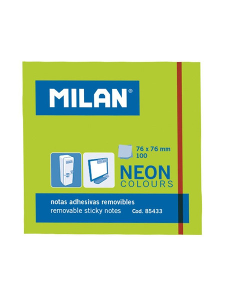 MILAN BLOC NOTAS ADHESIVAS REMOVIBLES 100H 76X76 VERDE FLUORESCENTE