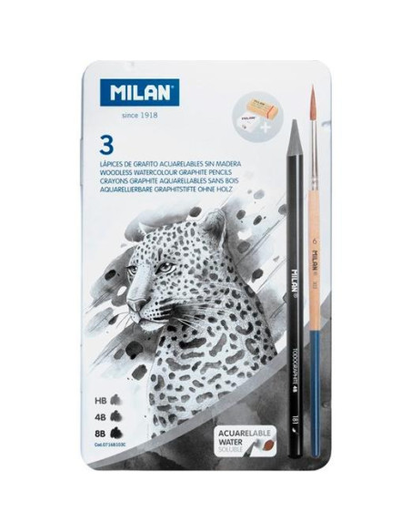 MILAN LÁPICES GRAFITO ACUARELABLE SIN MADERA 3 HB4B8B  1 SACAPUNTAS  1 GOMA  1 PINCEL EN CAJA METÁLICA
