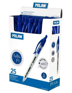 MILAN BOLÍGRAFO P1 CUERPO TRANSPARENTE AZUL -CAJA 25U-