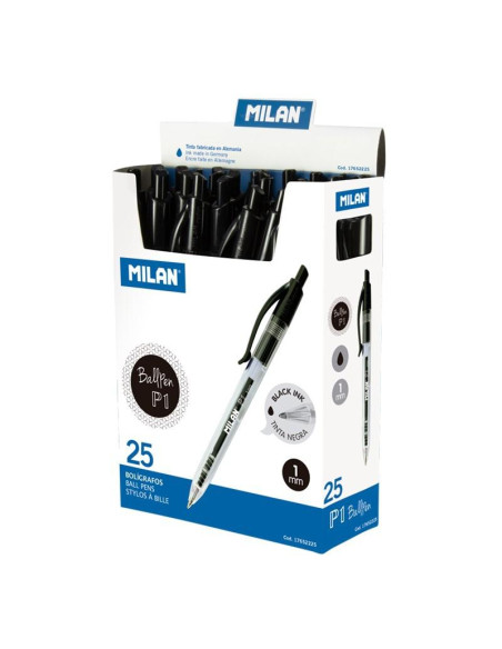 MILAN BOLÍGRAFO P1 CUERPO TRANSPARENTE NEGRO -CAJA 25U-