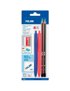 MILAN SET 2 BOLÍGRAFOS P1  2 LÁPICES GRAFITO HBH  GOMA 430 Y SACAPUNTAS BLÍSTER