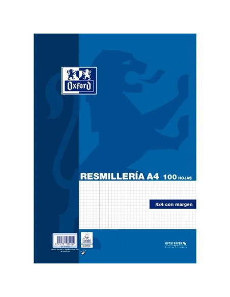OXFORD RECAMBIO CLASSIC 100H A4 SUELTAS 90GR 4X4MM CMARGEN 4 TALADROS AZUL