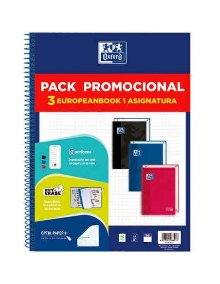 BLOC OXFORD EUROPEANBOOK 1 CLASSIC microtapa EXTRA A4 80h CUAD 5x5 PACK de 3 3 col