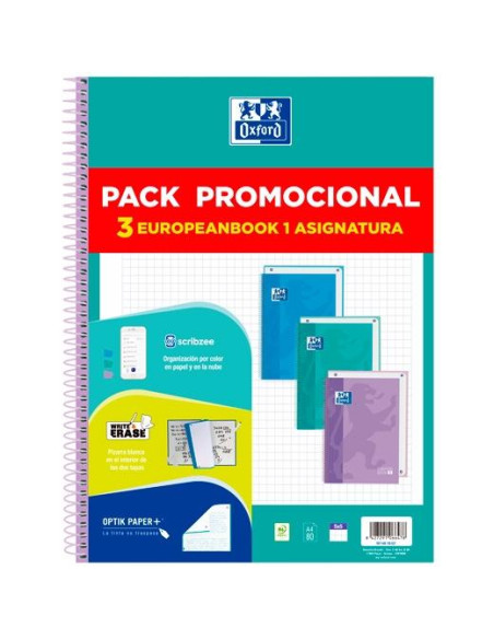 BLOC OXFORD EUROPEANBOOK 1 TOUCH microtapa EXTRA A4 80h CUAD 5x5 PACK de 3 3 col PASTEL