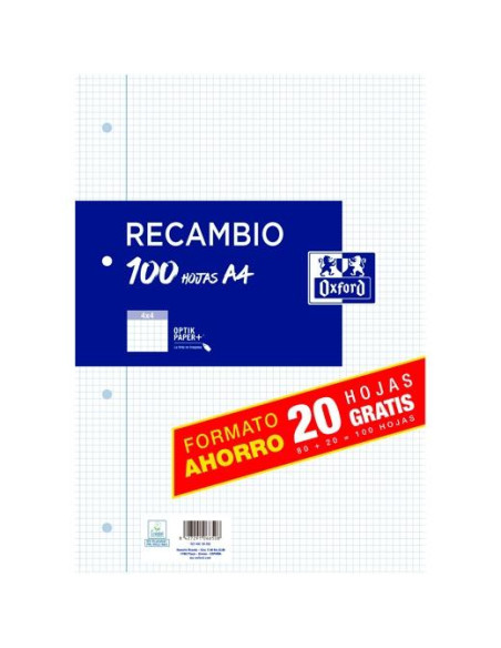 OXFORD RECAMBIO CLASSIC 80H  20H GRATIS A4 C MARGEN  4X4MM 4 TALADROS