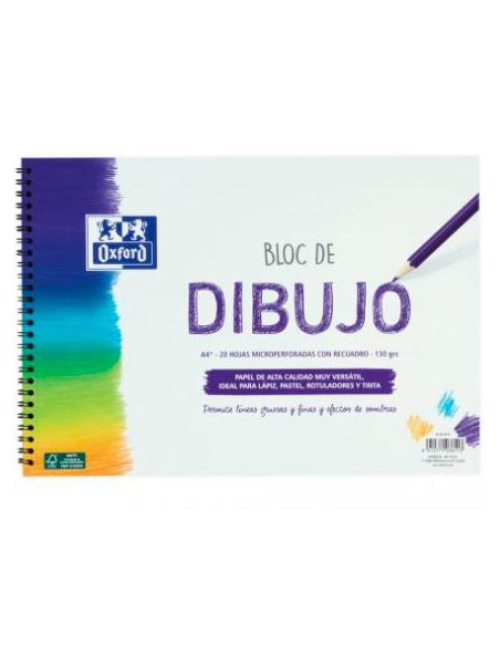 OXFORD BLOC DIBUJO ESCOLAR T BLANDA ESPIRAL 20H 130GR A4 C RECUADRO LISO BLANCO