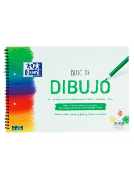 OXFORD BLOC DIBUJO ESCOLAR MULTITALADRO 2 T BLANDA ESPIRAL 20H 130GR A4 C RECUADRO LISO BLANCO