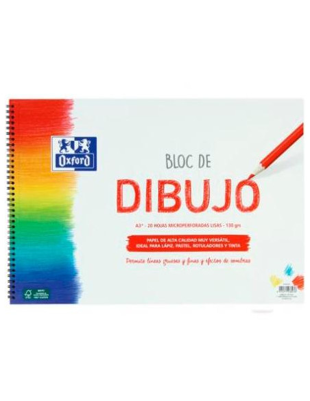 OXFORD BLOC DIBUJO ESCOLAR T BLANDA ESPIRAL 20H 130GR A3 LISO BLANCO