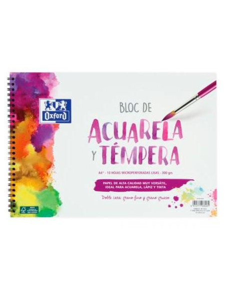 OXFORD BLOC PINTURA ACUARELA Y TÉMPERA 10H 300GR ESPIRAL A4 LISO BLANCO