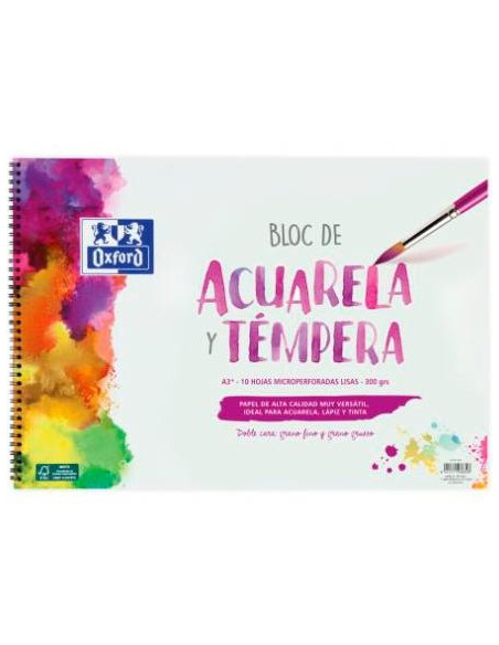 OXFORD BLOC PINTURA ACUARELA Y TÉMPERA 10H 300GR ESPIRAL A3 LISO BLANCO
